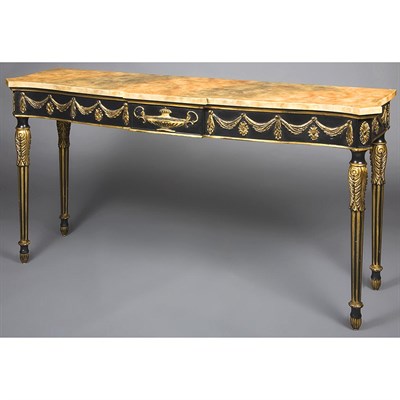 Lot 501 - Empire Style Black and Gold Painted Console...