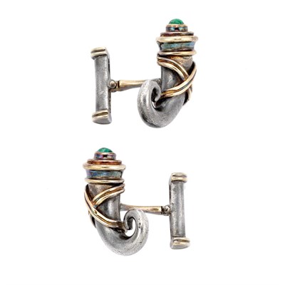 Lot 140 - Pair of Gold, Sterling Silver and Cabochon Emerald Cufflinks