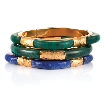 Lot 127 - Three Gold, Malachite and Sodalite Bangle Bracelets