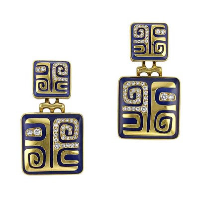 Lot 103 - Pair of Gold, Blue Chalcedony and Diamond Pendant-Earclips
