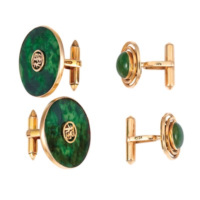 Lot 134 - Two Pairs of Gold and Jade Cufflinks