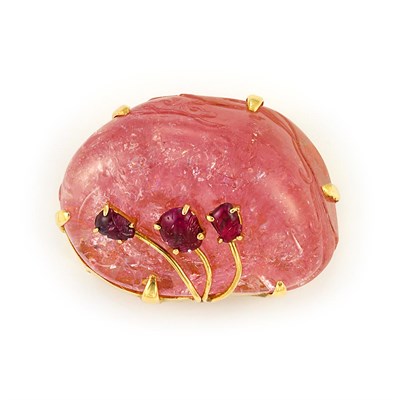 Lot 257 - Gold, Carved Pink Tourmaline and Ruby Clip-Brooch