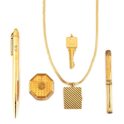 Lot 94 - Gold Pill Box, Snake Chain with Charm, Eversharp Pencil, Gold-Filled Pencil and Brass and Gold Key