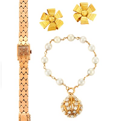 Lot 97 - Pair of Gold Earrings, Lady's Rose Gold Wristwatch and Gold and Pearl Bracelet
