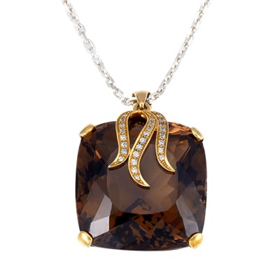 Lot 120 - Gold, Sterling Silver, Smoky Quartz and Diamond Pendant with Chain
