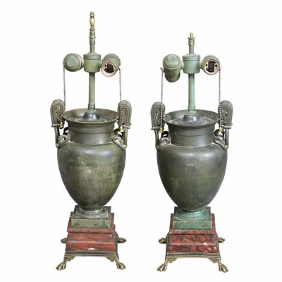 Lot 263 - Pair of Neoclassical Style Patinated-Metal Urn-...