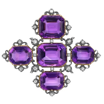 Lot 295 - Antique Silver, Gold, Amethyst and Diamond Brooch