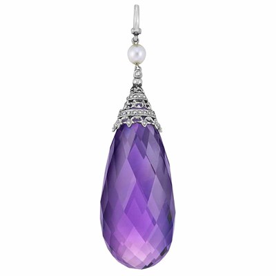 Lot 497 - Edwardian Platinum, Pearl, Diamond and Amethyst Briolette Pendant