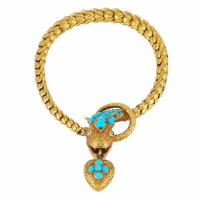 Lot 286 - Antique Gold, Turquoise and Diamond Snake Bracelet
