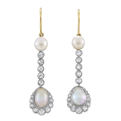 Lot 272 - Pair of Button Pearl and Diamond Pendant-Earrings