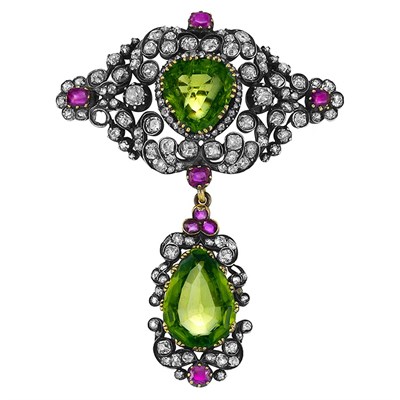 Lot 307 - Antique Silver, Gold, Peridot, Diamond and Ruby Pendant-Brooch