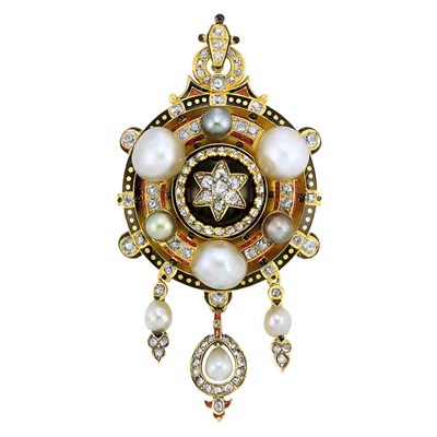Lot 290 - Renaissance Revival Gold, Pearl, Multicolored Pearl, Diamond and Enamel Pendant-Brooch
