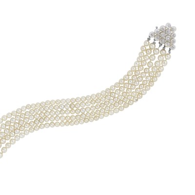 Lot 540 - Five Strand Natural Pearl and Diamond Bracelet, Suzanne Belperron