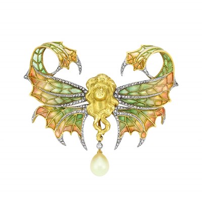 Lot 312 - Art Nouveau Gold, Platinum, Plique-a-Jour Enamel, Diamond and Pearl Brooch