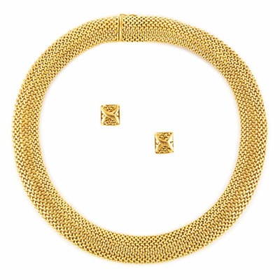 Lot 50 - Wide Gold Woven Necklace and Pair of Gold Earrings