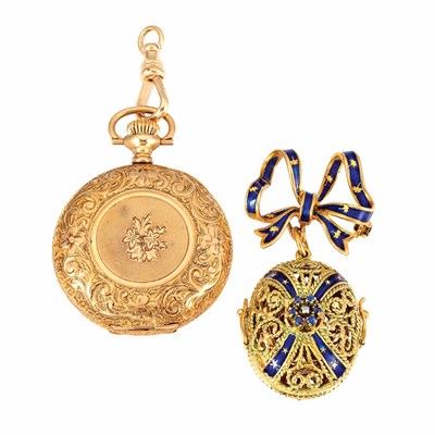 Lot 152 - Gold Hunting Case Pocket Watch and Gold, Blue Enamel, Sapphire and Diamond Lapel Locket