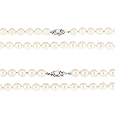 Lot 104 - Two Cultured Pearl Necklaces with White Gold, Diamond and Pearl Clasps