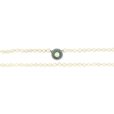Lot 64 - Long Natural Pearl Necklace with Button Pearl, Emerald and Diamond Clasp