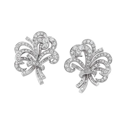 Lot 545 - Pair of Platinum and Diamond Ribbon Earclips