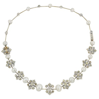Lot 305 - Antique Gold, Silver, Natural Pearl and Diamond Necklace
