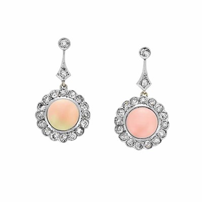 Lot 71 - Pair of Platinum, Gold, Angel Skin Coral and Diamond Pendant-Earrings