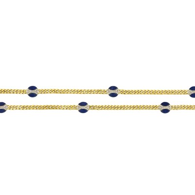 Lot 101 - Long Gold, Lapis and Diamond Chain Necklace