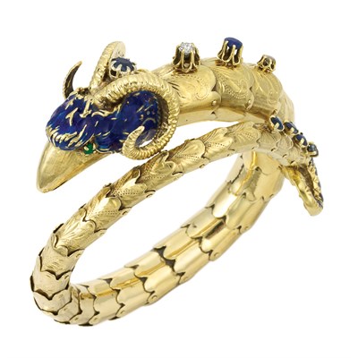 Lot 84 - Gold, Blue Enamel, Sapphire and Diamond Ram's Head Bangle Bracelet