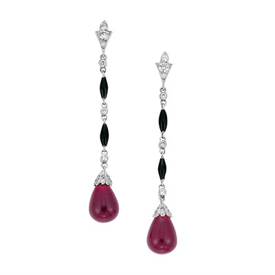 Lot 259 - Pair of Platinum, Diamond, Black Onyx and Rubellite Pendant-Earrings