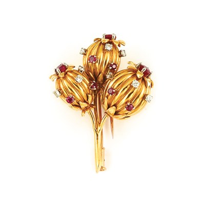 Lot 1 - Gold, Ruby and Diamond Flower Brooch, Tiffany & Co., Schlumberger