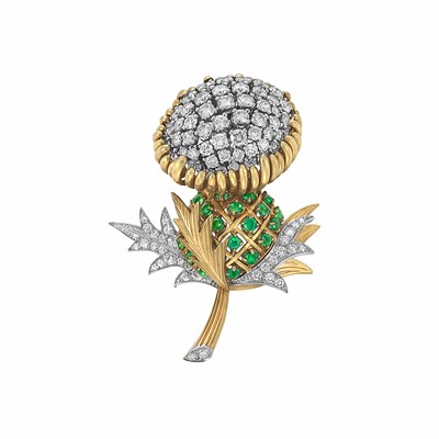 Lot 107 - Gold, Platinum, Diamond and Emerald Flower Clip-Brooch