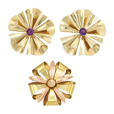 Lot 88 - Pair of Gold and Amethyst Pins, Tiffany & Co., and Two-Color Gold Bow Pin