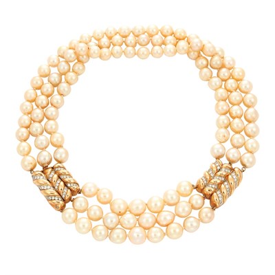 Lot 101 - Three Strand Pearl Necklace with Gold and Diamond Clasp