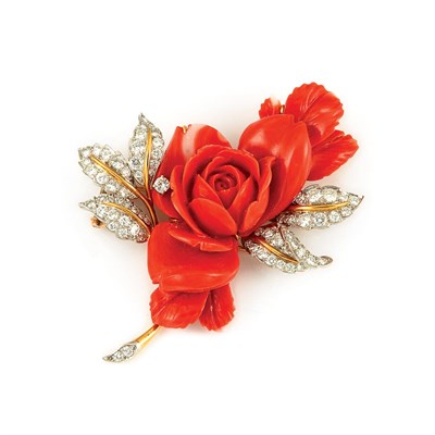 Lot 7 - Carved Coral and Diamond Brooch