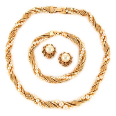 Lot 99 - Gold and Pearl Necklace, Bracelet and Pair of Earclips