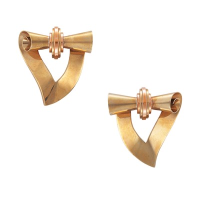 Lot 85 - Pair of Two-Color Gold Clip-Brooches