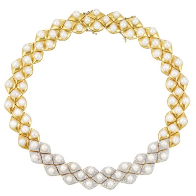 Lot 92 - Two-Color Gold, Cultured Pearl and Diamond Necklace