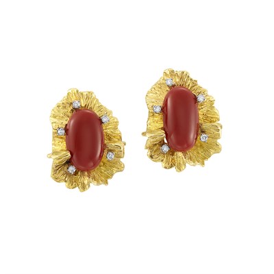 Lot 461 - Pair of Gold, Oxblood Coral and Diamond Earclips