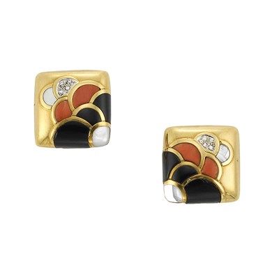 Lot 25 - Pair of Gold, Black Onyx, Coral, Mother-of-Pearl and Diamond Earclips