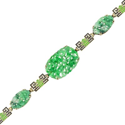 Lot 129 - Art Deco Gold, Carved Jade and Enamel Bracelet