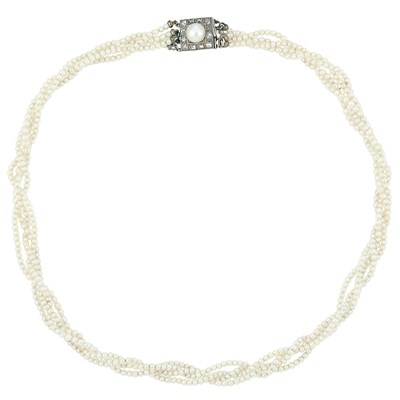 Lot 273 - Four Strand Braided Natural Pearl Necklace with Button Pearl and Diamond Clasp
