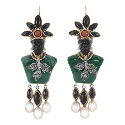 Lot 267 - Pair of Gold, Silver, Enamel, Black Onyx, Coral, Diamond and Freshwater Pearl Blackamoor Pendant-Earrings