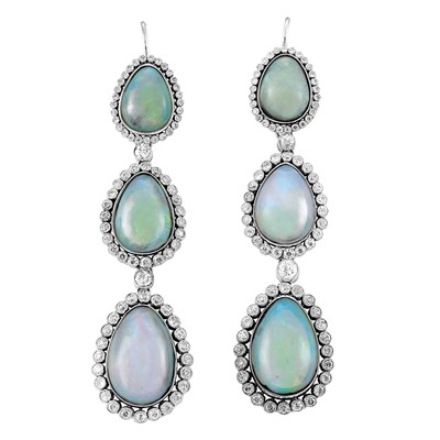 Lot 373 - Pair of Platinum, Opal and Diamond Pendant-Earrings