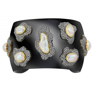 Lot 54 - Black Acrylic, Blackened Silver, Keshi Pearl and Diamond Cuff Bangle Bracelet