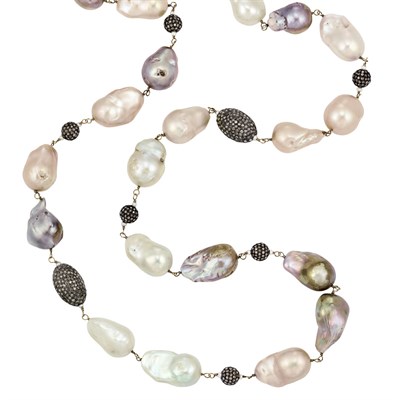 Lot 354 - Long Multicolored Baroque Freshwater Pearl, Silver, Gold and Diamond Necklace