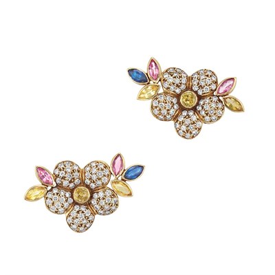 Lot 148 - Pair of Gold, Diamond and Multicolored Sapphire Flower Earrings