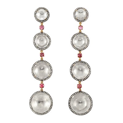 Lot 371 - Pair of Gold, Blackened Silver, Foiled-Back White Sapphire, Diamond and Ruby Pendant-Earrings