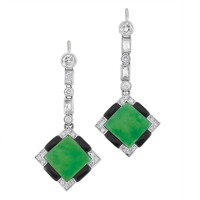 Lot 248 - Pair of White Gold, Jade, Black Onyx and Diamond Pendant-Earrings