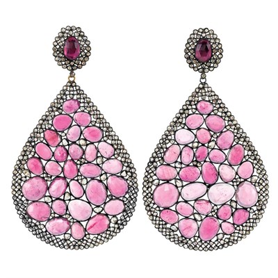 Lot 370 - Pair of Blackened Silver, Gold, Pink Sapphire and Diamond Pendant-Earrings
