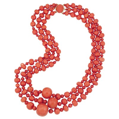 Lot 349 - Triple Strand Coral Bead Necklace with Carved Coral Clasp