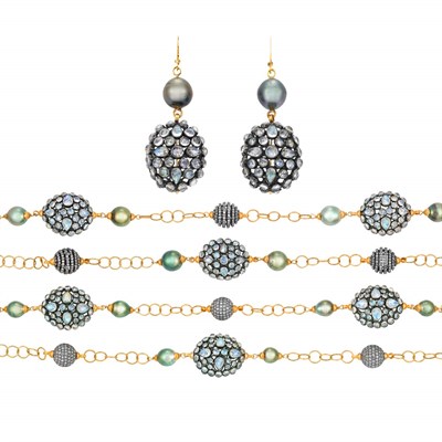 Lot 369 - Pair of Long Gold, Blackened Silver, Moonstone, Diamond and Gray Cultured Pearl Chain Necklaces and Pair of Pendant-Earrings